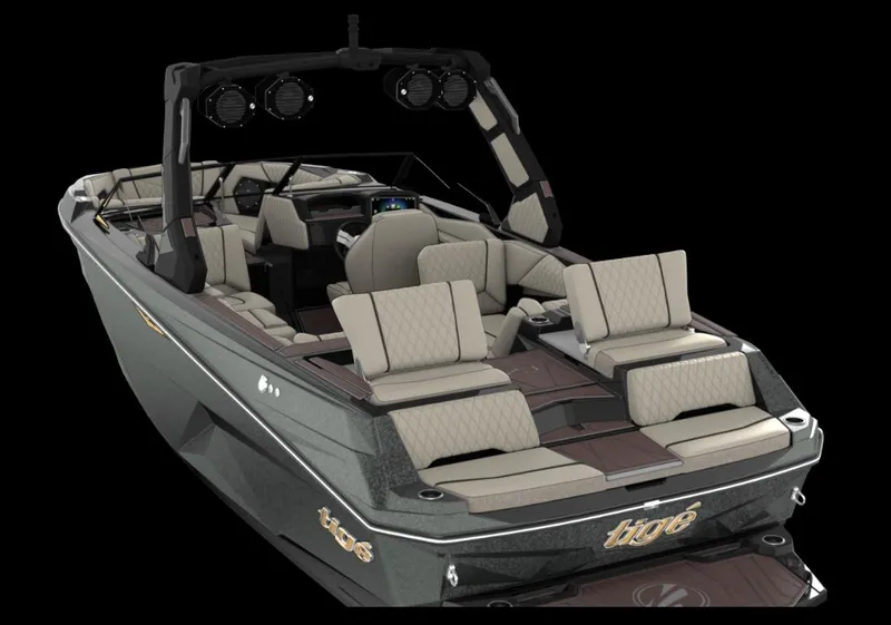 Slide: The Image of 2026 Tigé Z3 boat with luxurious seating and sleek design, showcased on a black background. - 3