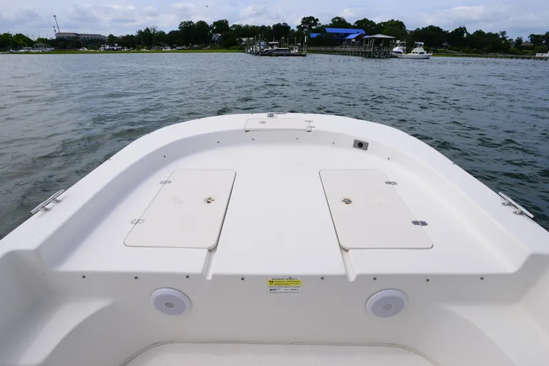 Slide: The Image of 2017 Carolina Skiff 218 DLV boat on water, view from deck towards shoreline. - 10