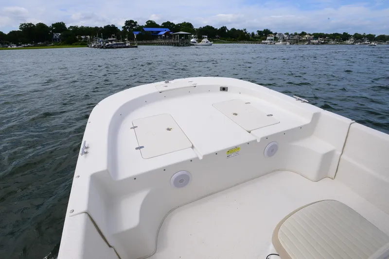 Slide: The Image of 2017 Carolina Skiff 218 DLV boat on water, featuring spacious deck and storage compartments. - 11