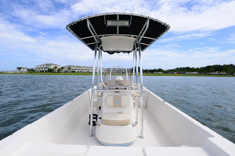 Slide: The Image of 2017 Carolina Skiff 218 DLV boat on water, with T-top and coastal background. - 12