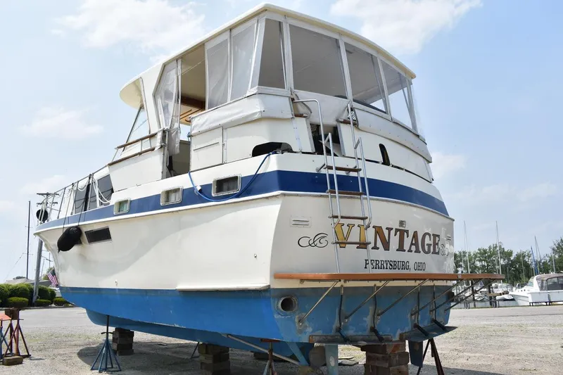 Slide: The Image of 1967 Hatteras 41 Twin Cabin boat named "Vintage" in dry dock, Perrysburg, Ohio. - 5