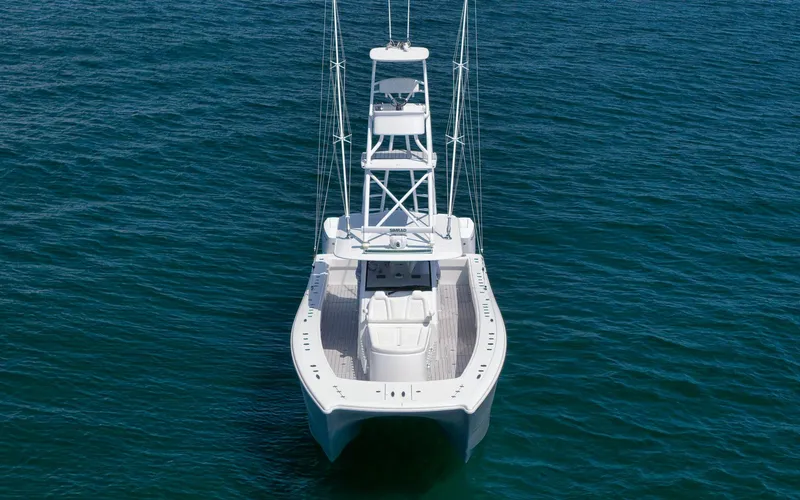 Slide: The Image of 2022 Freeman 47 boat on open water, aerial view. - 8