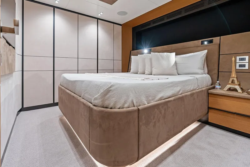Slide: The Image of Luxurious bedroom interior of 2023 Wally WHY 150 yacht with modern design and elegant decor. - 66