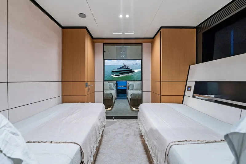Slide: The Image of Luxurious interior of 2023 Wally WHY 150 yacht with twin beds and modern design. - 84