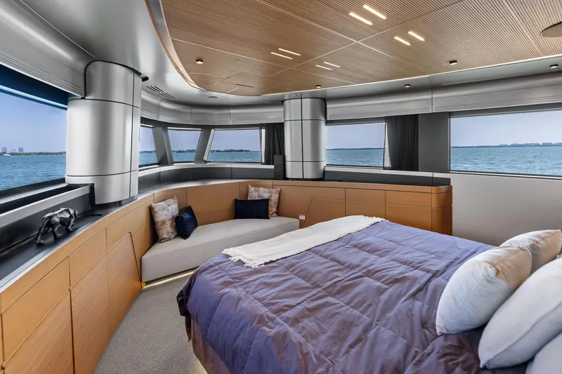 Slide: The Image of Luxurious 2023 Wally WHY 150 yacht bedroom with panoramic ocean views and modern design. - 93