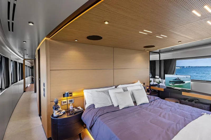 Slide: The Image of Luxurious bedroom interior of 2023 Wally WHY 150 yacht with ocean view. - 96