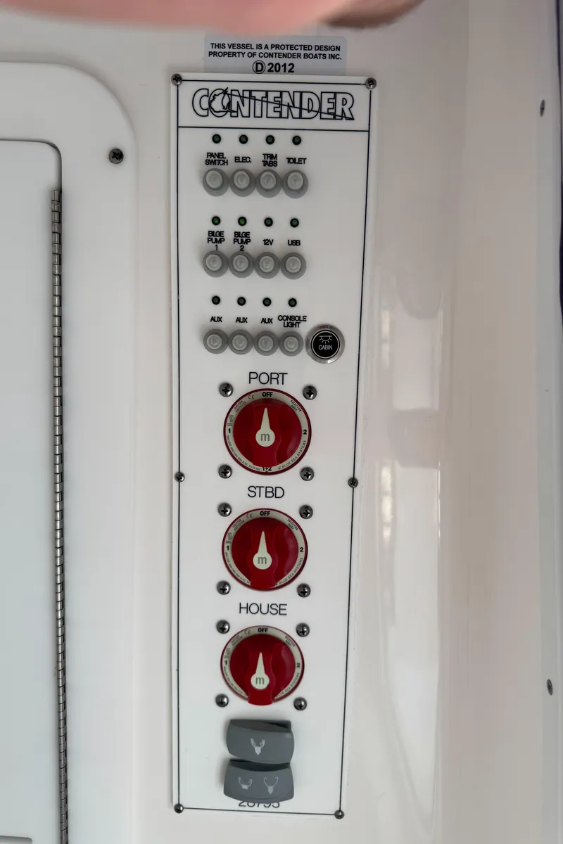 Slide: The Image of Control panel of 2024 Contender 28 Tournament boat with labeled switches and dials. - 12
