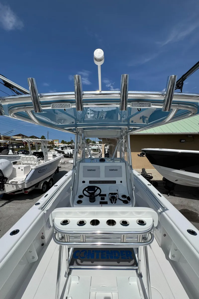 Slide: The Image of 2024 Contender 28 Tournament boat with advanced controls and sleek design under a clear blue sky. - 8