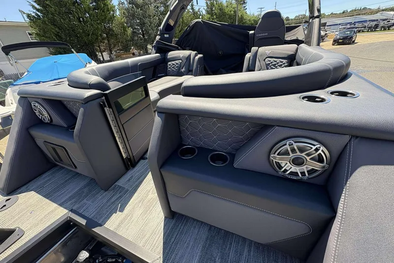 Slide: The Image of Luxurious interior of 2026 Viaggio Diamante UWA boat with premium seating and speakers. - 24
