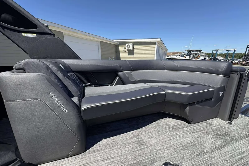 Slide: The Image of Luxurious seating on 2026 Viaggio Diamante UWA boat, featuring sleek gray upholstery. - 25