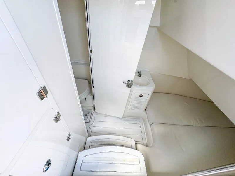 Slide: The Image of Interior cabin of 2019 HCB 39 Speciale boat with compact bathroom. - 30