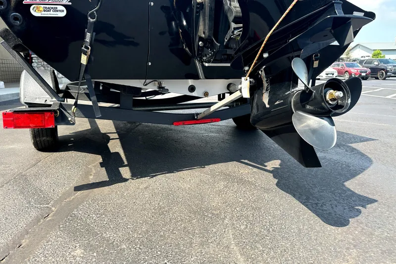 Slide: The Image of 2020 Tracker Pro Team 175 TXW boat on trailer, showing propeller and rear view. - 13