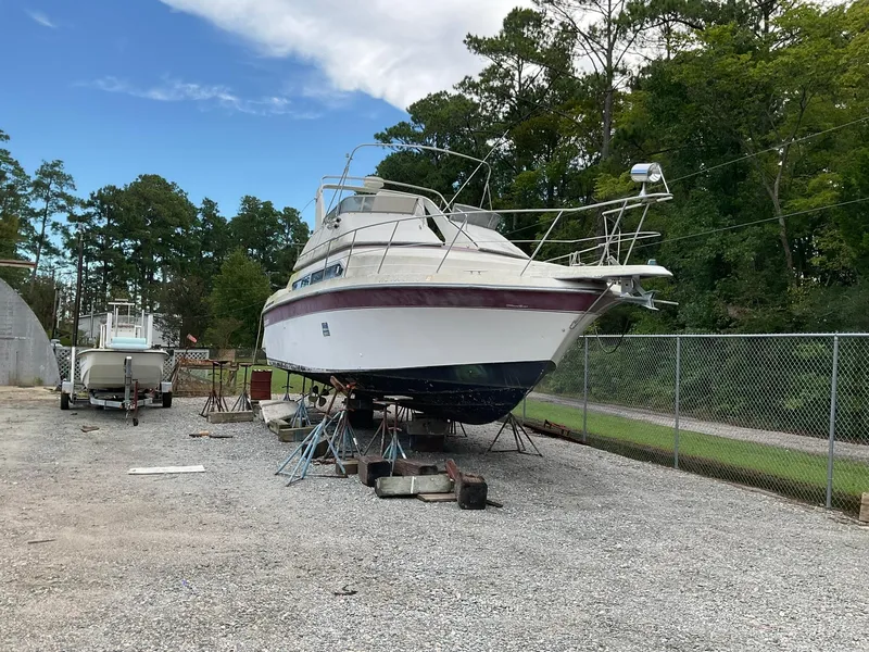 The Image of 1989 Carver Santego 3467 yacht on stands in a boatyard, surrounded by trees. - 1