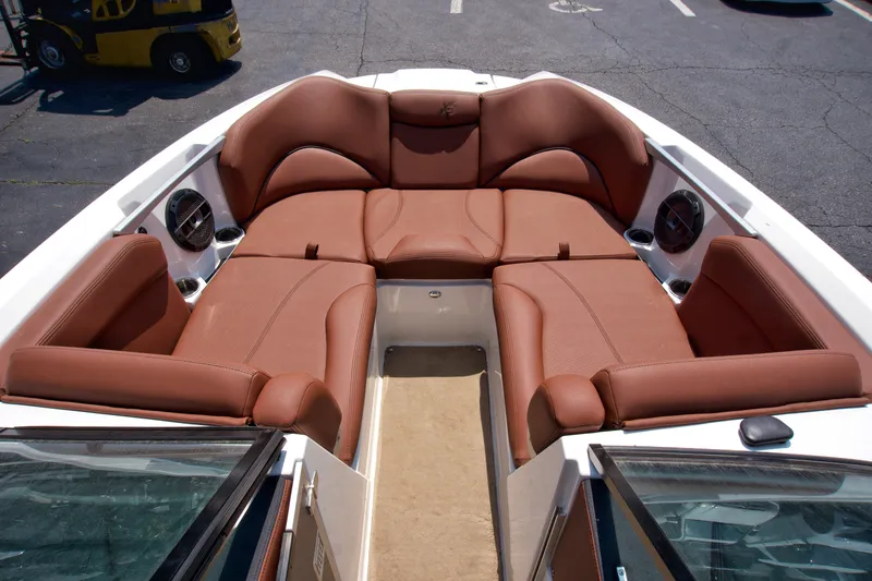 Slide: The Image of Luxurious seating on 2018 MasterCraft X46 boat with brown leather upholstery. - 9