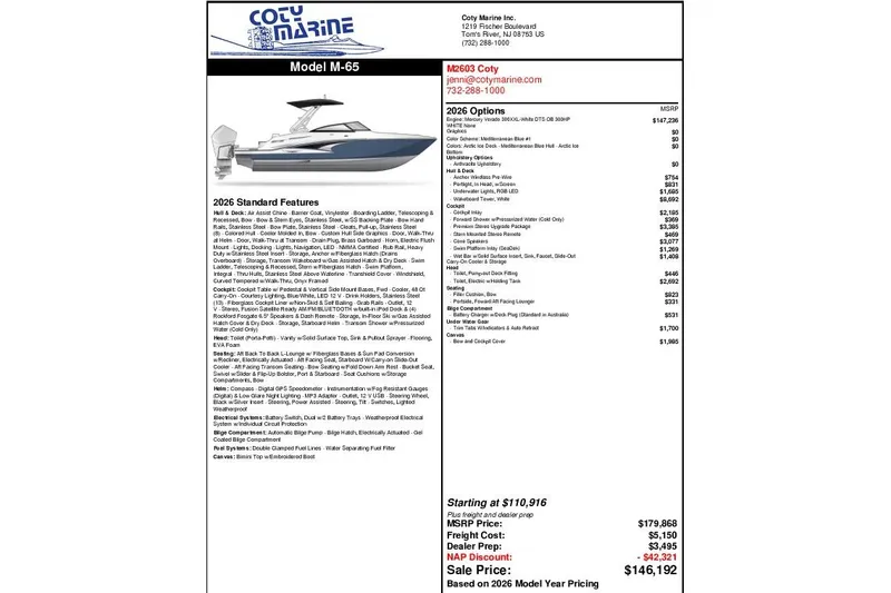 Slide: The Image of Monterey M65 2026 boat brochure with features, pricing, and contact information. - 24