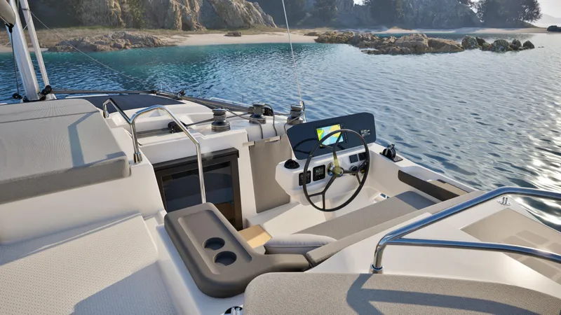 Slide: The Image of 2026 Fountaine Pajot 44 catamaran sailing with passengers, featuring modern design and spacious deck. - 9