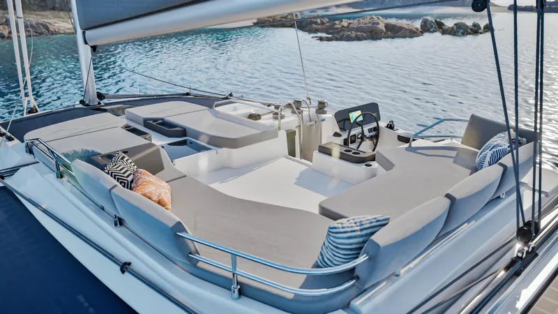Slide: The Image of Couple enjoying leisure time on a 2026 Fountaine Pajot 44 yacht, with scenic ocean backdrop. - 25