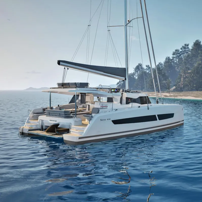 Slide: The Image of 2026 Fountaine Pajot 44 catamaran with sleek white sails and modern design. - 1