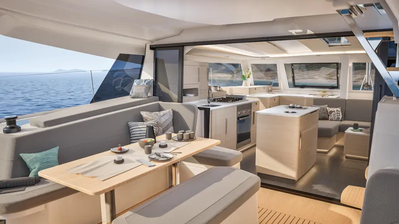 Slide: The Image of Couple relaxing on Fountaine Pajot 44 yacht, sunbathing with drinks and snacks, 2026 model. - 12