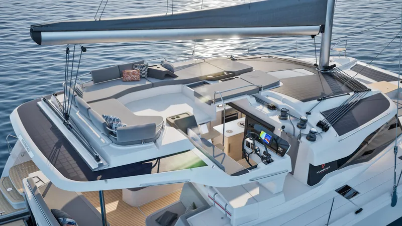 Slide: The Image of People relaxing inside a 2026 Fountaine Pajot 44 yacht, enjoying the ocean view. - 24