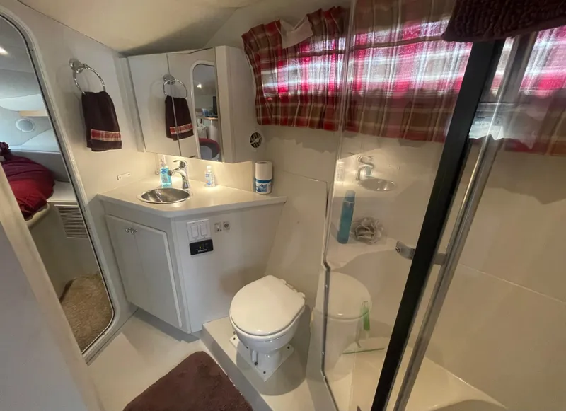 Slide: The Image of 1994 Carver 380 Santego SE bathroom with shower, sink, and plaid curtains. - 40