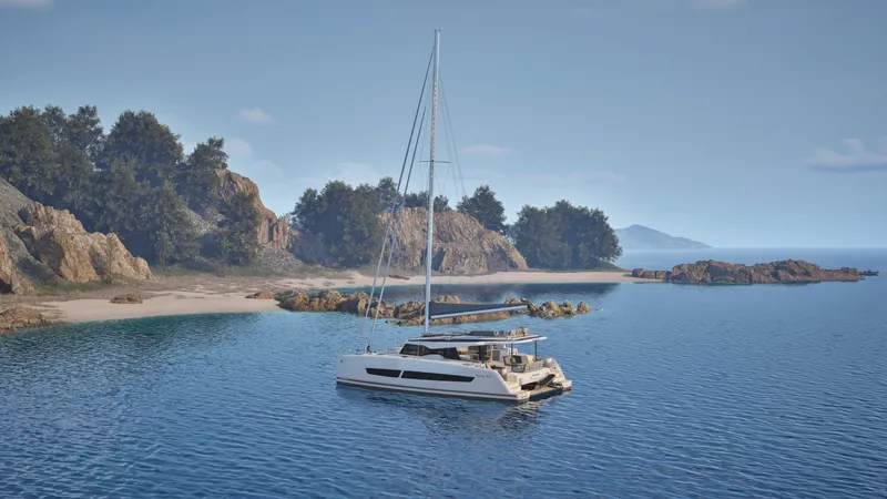 Slide: The Image of 2026 Fountaine Pajot 44 catamaran sailing with red sails on open water. - 4
