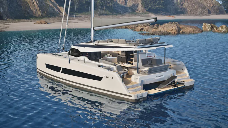 Slide: The Image of 2026 Fountaine Pajot 44 catamaran sailing with three people on deck in open sea. - 5