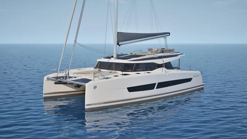 Slide: The Image of Top view of 2026 Fountaine Pajot 44 catamaran layout, featuring spacious deck and seating areas. - 7