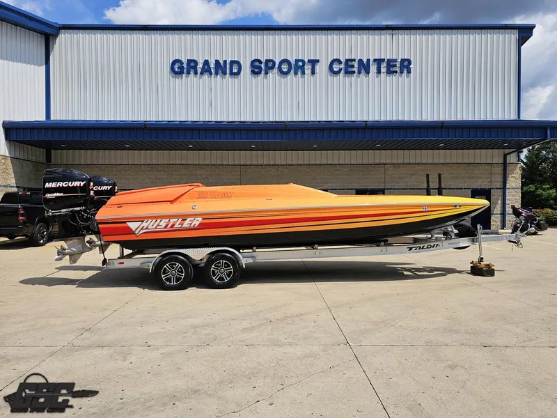 Slide: The Image of 2019 Hustler 25 Talon Cat boat on trailer at Grand Sport Center. - 1