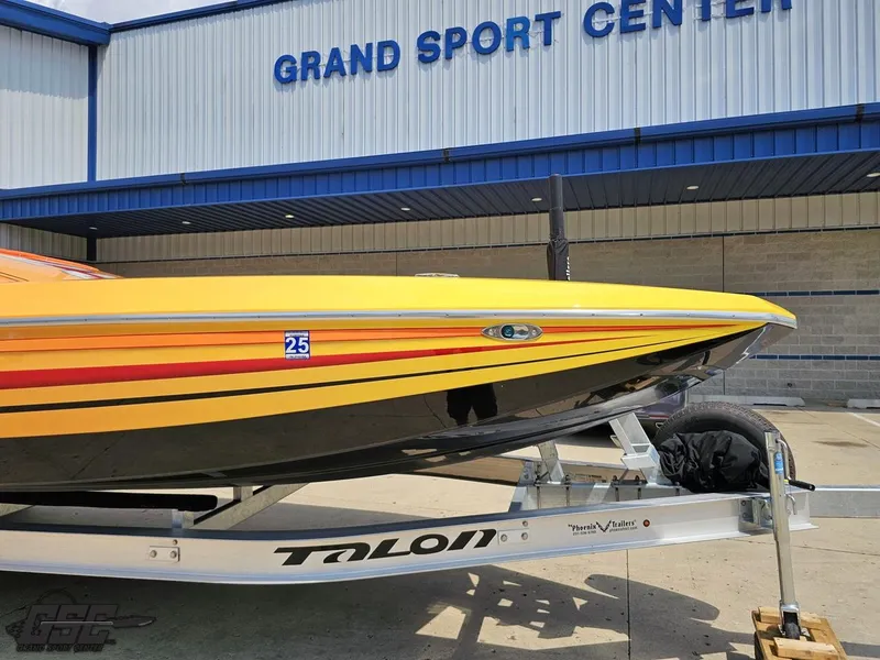 Slide: The Image of 2019 Hustler 25 Talon Cat boat on trailer at Grand Sport Center. - 16