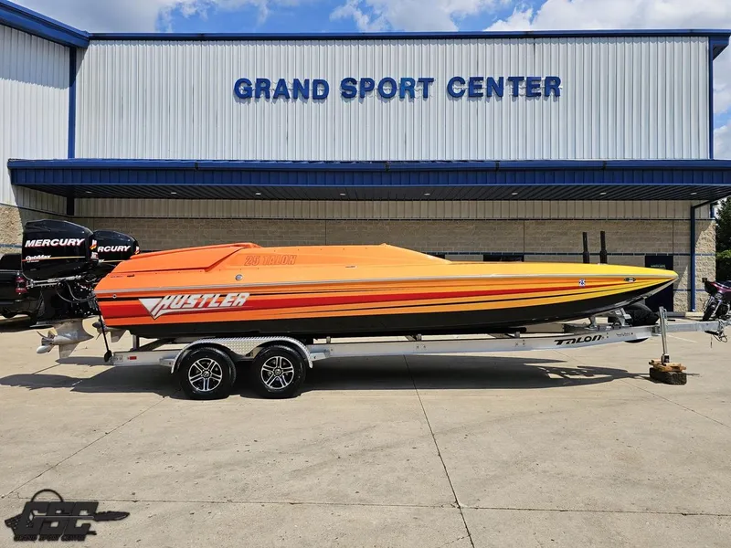 Slide: The Image of 2019 Hustler 25 Talon Cat boat on trailer at Grand Sport Center. - 3