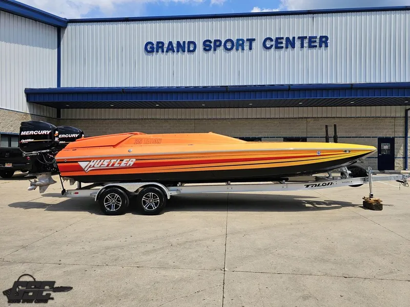 Slide: The Image of 2019 Hustler 25 Talon Cat boat on trailer at Grand Sport Center. - 4