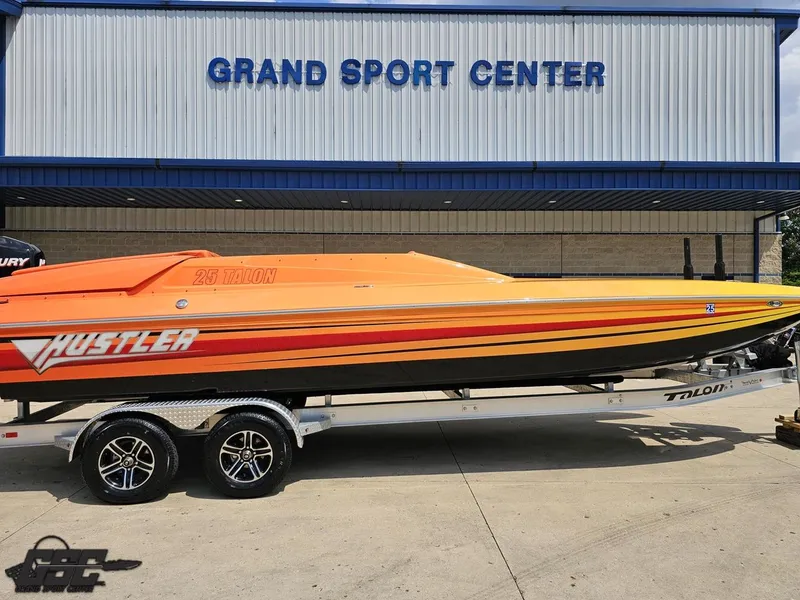 Slide: The Image of 2019 Hustler 25 Talon Cat boat on trailer at Grand Sport Center. - 6