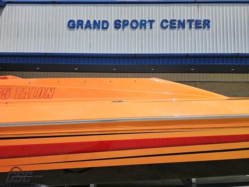Slide: The Image of 2019 Hustler 25 Talon Cat boat in front of Grand Sport Center. - 8