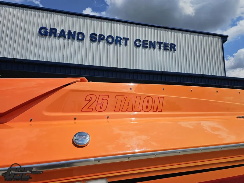 Slide: The Image of Orange 2019 Hustler 25 Talon Cat boat at Grand Sport Center. - 9