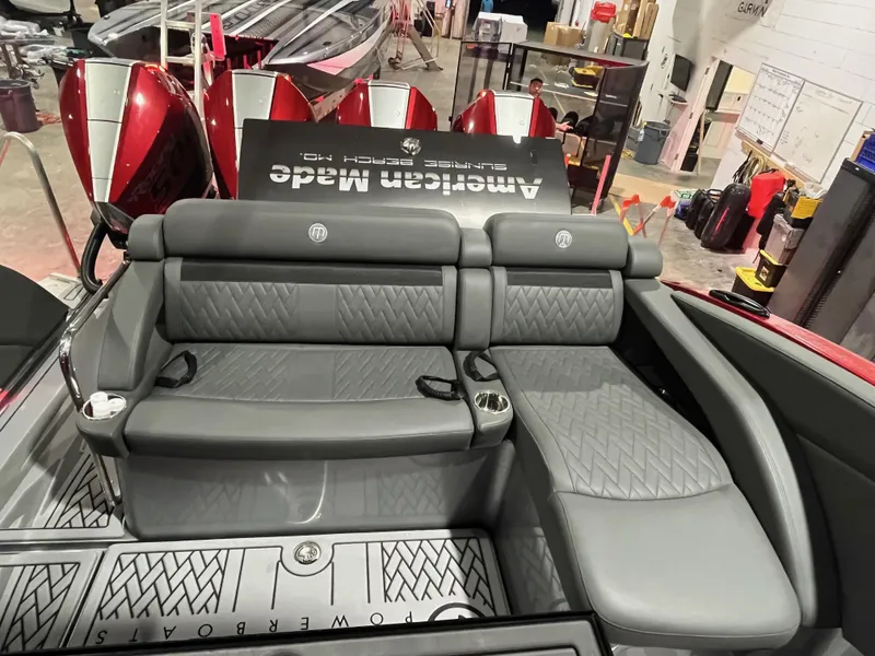 Slide: The Image of Luxurious seating on 2025 Mystic Powerboats M4200, featuring sleek design and premium materials. - 7