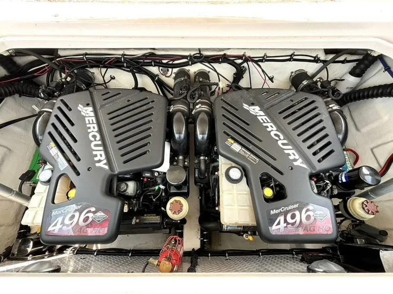 Slide: The Image of Twin Mercury MerCruiser 496 engines in a 2005 Donzi 33ZX boat. - 48