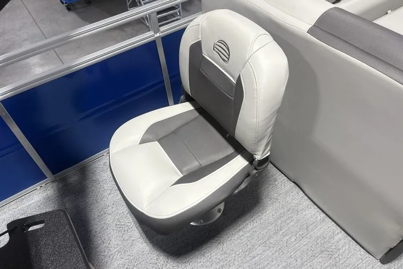 Slide: The Image of 2026 Sun Tracker Fishin' Barge 20 DLX boat seat, gray and white design. - 30