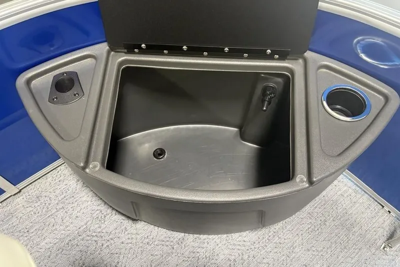 Slide: The Image of Livewell on 2026 Sun Tracker Fishin' Barge 20 DLX, featuring cup holders and storage. - 8