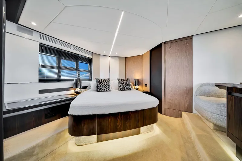 Slide: The Image of Luxurious bedroom interior of 2021 Azimut S6 yacht with modern design and elegant furnishings. - 21