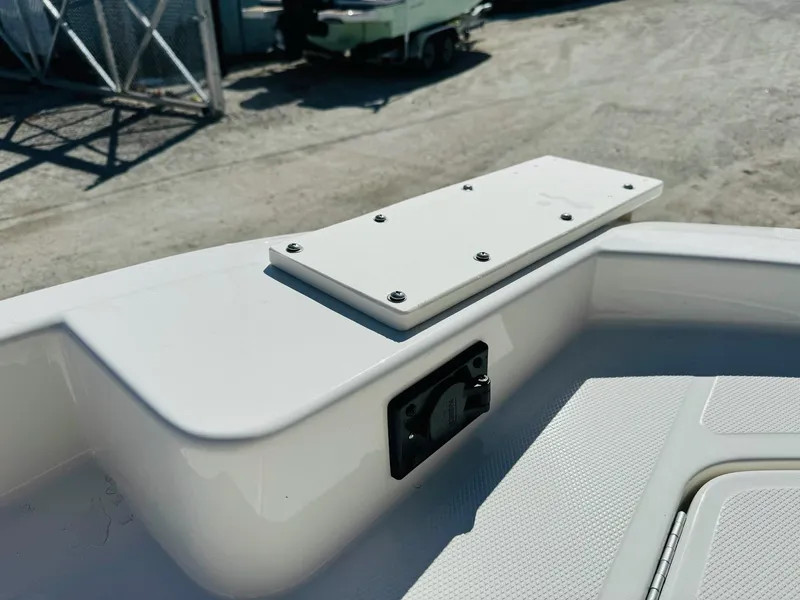 Slide: The Image of 2025 Bayliner Trophy T18 boat detail, featuring a white deck , prewired trolling motor mount. - 5