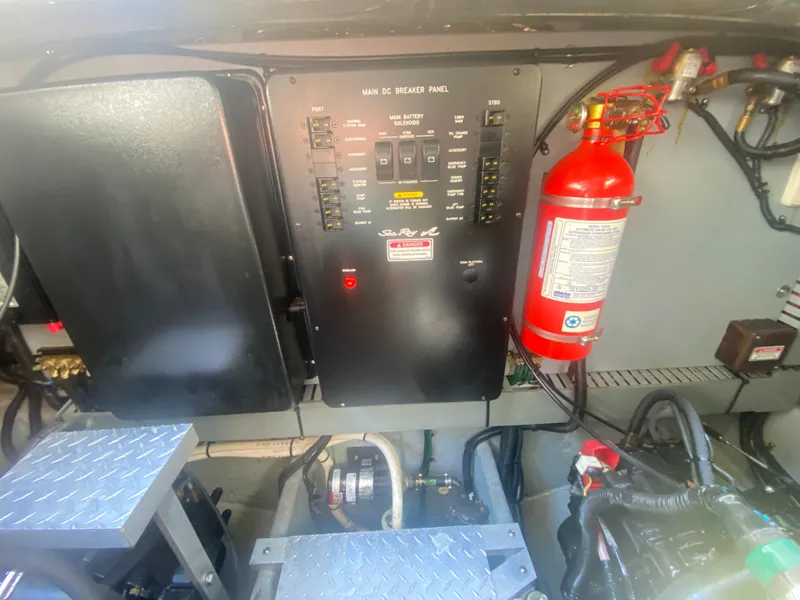 Slide: The Image of Electrical panel and fire extinguisher in 1999 Sea Ray 380 Sundancer engine room. - 37