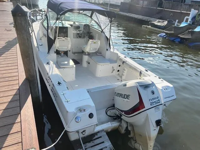Slide: The Image of 2002 Wellcraft 24 Walkaround boat docked, featuring Evinrude 250 outboard motor. - 2