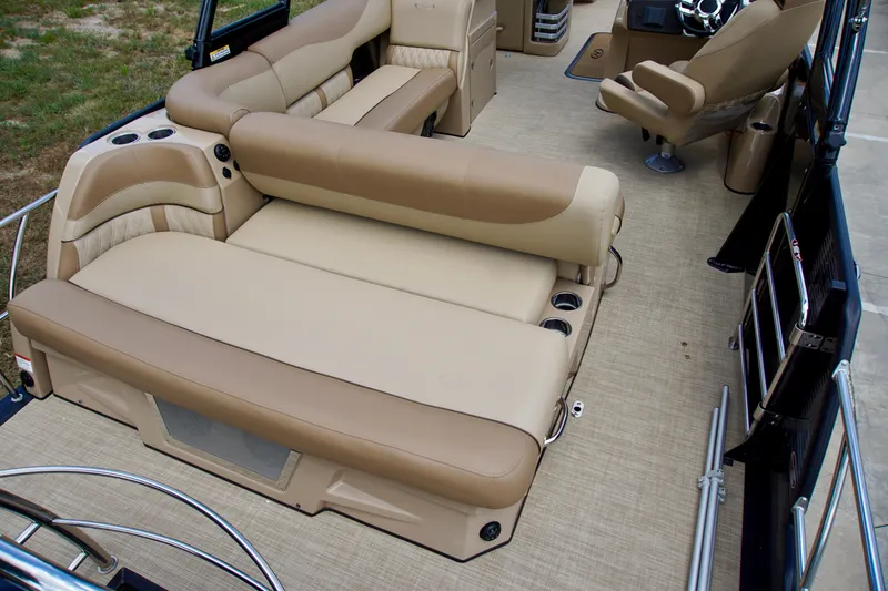 Slide: The Image of 2020 Harris Grand Mariner 230 interior with beige seating and modern design. - 10