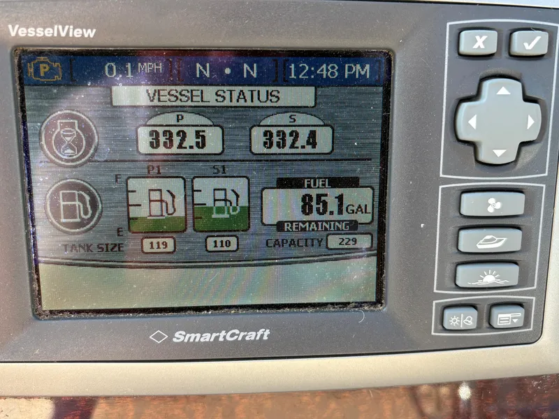 Slide: The Image of VesselView display on 2012 Sea Ray 350 Sundancer showing fuel status and vessel data. - 12
