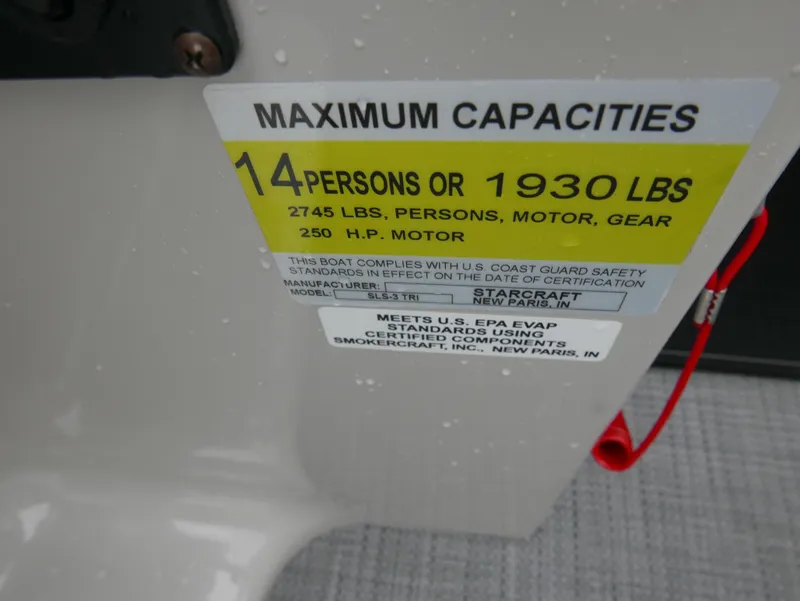Slide: The Image of 2017 Starcraft SLS3 capacity label: 14 persons or 1930 lbs, 250 HP motor. - 12