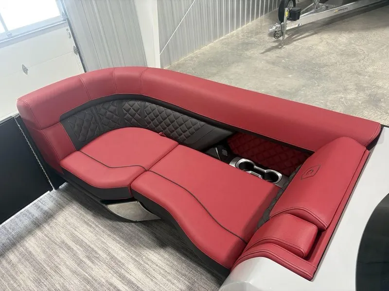 Slide: The Image of Luxurious red seating on 2025 Godfrey AquaPatio 235 DFLC iMPACT pontoon boat. - 3