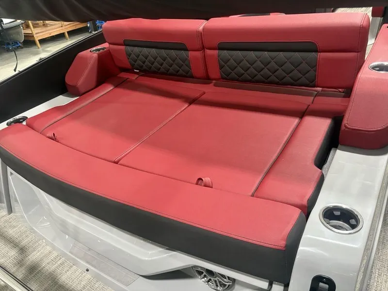 Slide: The Image of Red and black seating on 2025 Godfrey AquaPatio 235 DFLC iMPACT boat. - 37