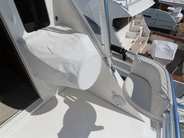 Slide: The Image of 2009 Viking 64 Convertible yacht deck with covered equipment and seating. - 15