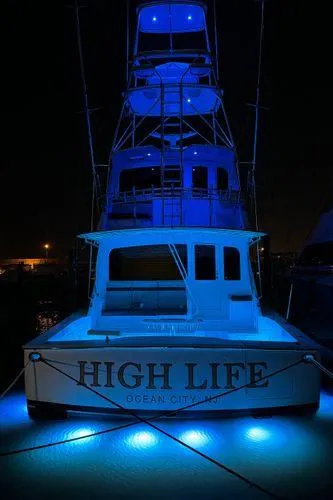Slide: The Image of 2009 Viking 64 Convertible yacht with blue LED lights at night, named "High Life." - 3
